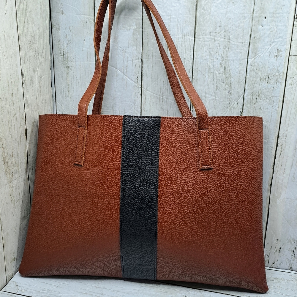 Vince Camuto Luck Brown/Black Stripe Pebbled Lthr 2Handles Open Tote Laptop Bag
